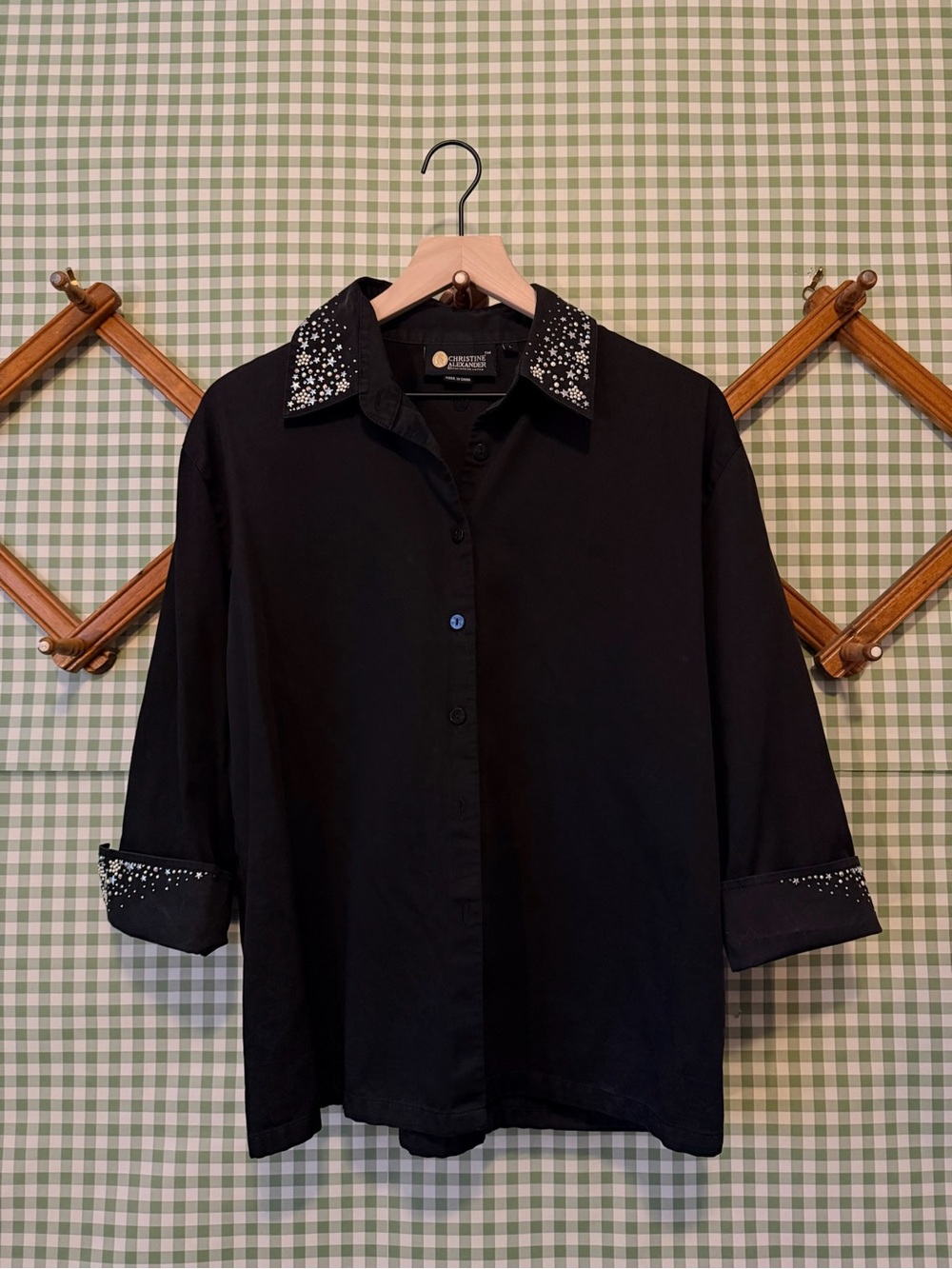 Christine Alexander Black Button-Down Shirt with Sparkle Collar & Cuffs